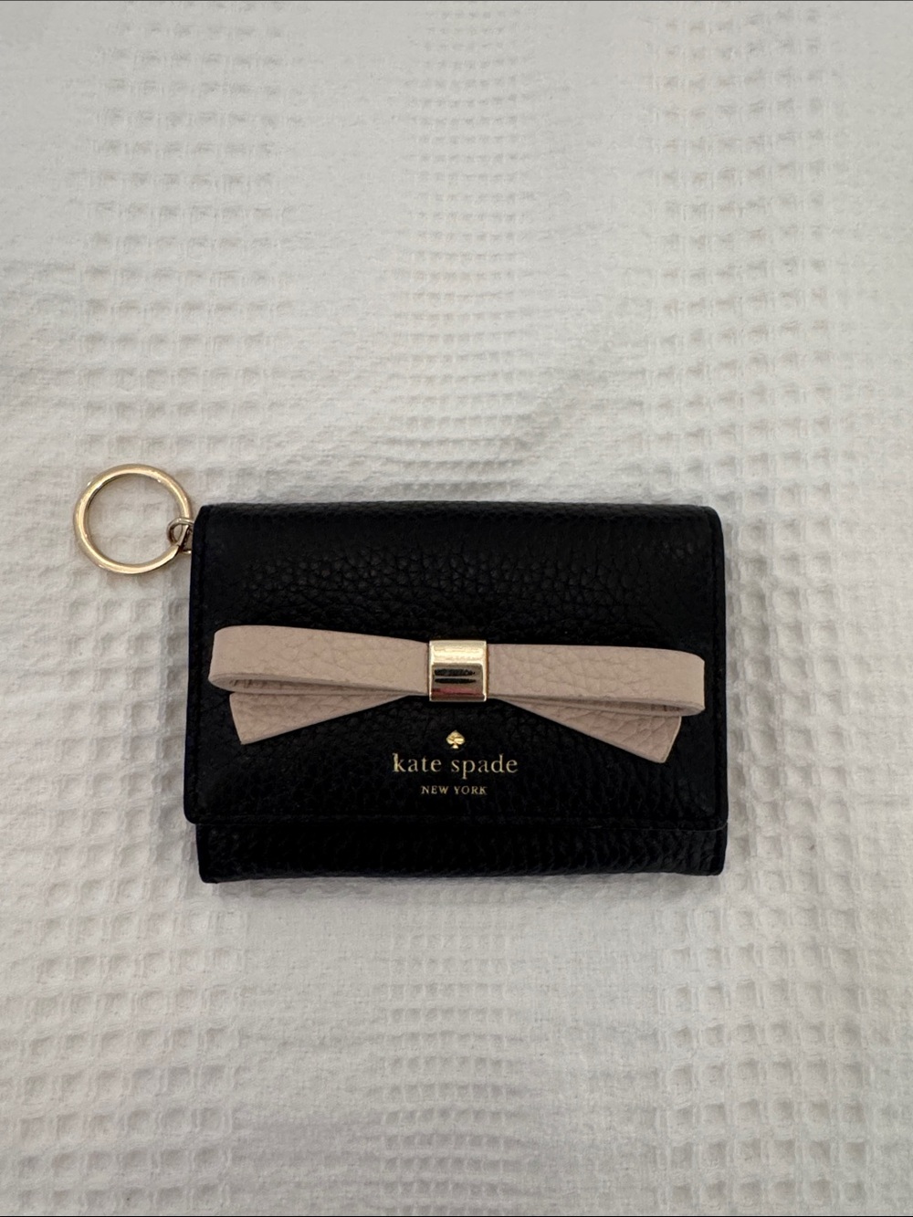 kate spade Black Leather Card Holder with Cream Bow and Gold Ring